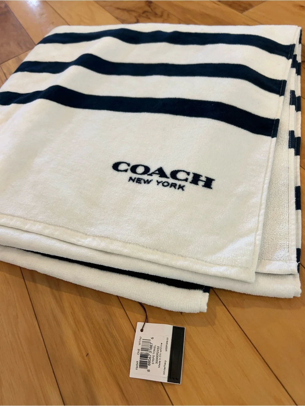 NWT Coach Striped Oversized Beach Cotton Towel in White and Navy
